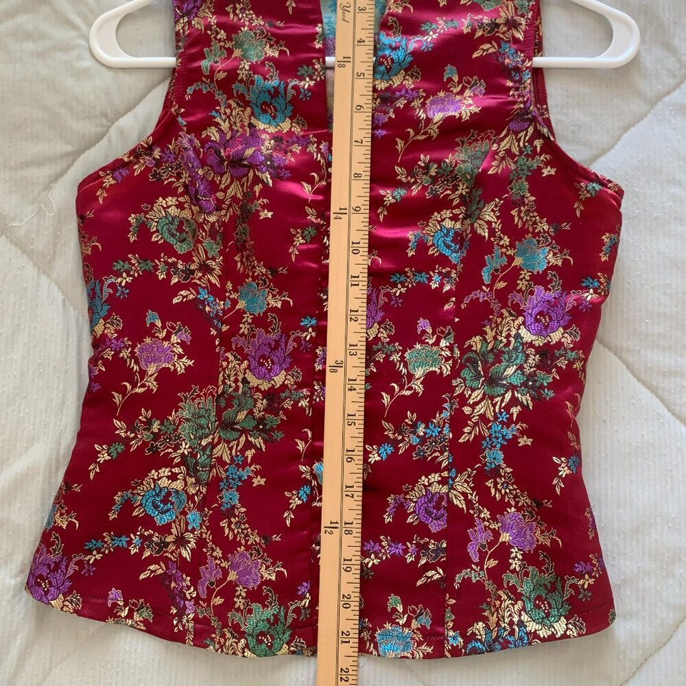 Vintage Red Floral Brocade Sleeveless Satin Top Cheongsam V-Neck Blouse S - Picture 7 of 9